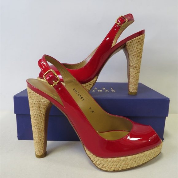 Stuart Weitzman SPRINGFLING  Red PATENT LEATHER Slingback PUMPS Size 8.5 NEW - Picture 1 of 12